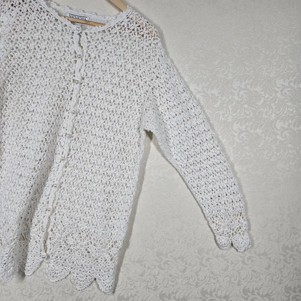 VTG Venezia Crochet Cardigan Sweater 14/16 Ivory Pearls Grandmacore Cottagecore